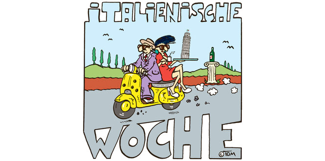 Eine Illustration mit der Aufschrift "Italienische Woche", zwei Personen sitzen auf einer Vesper