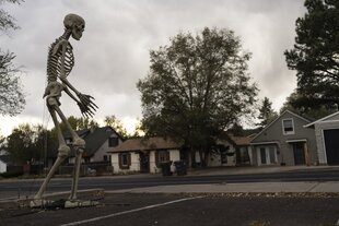 Eine 12 Fuß hohe Skelett-Halloween-Dekoration steht an einer Straßenecke.