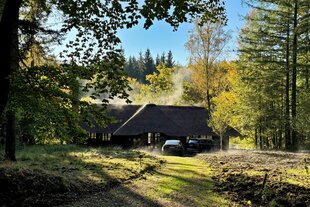 Die angebliche Bürohütte mitten im Sachsenwald; zwei Autos stehen vor dem Haus, die Zufahrt ist ein grasüberwucherter Weg