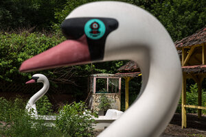 Stilleben mit Schwänen im verlassen Spreepark im Plänterwald, dem zu DDR Zeiten größten Vergnügungspark Ostdeutschlands