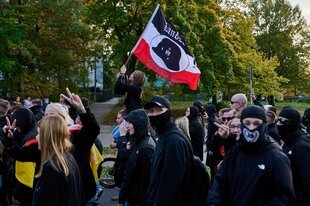 Neonazis mit Flaggen bei einer Demo