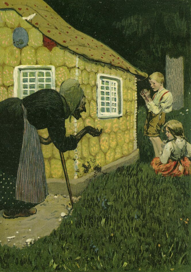 Märchenillustration mit als Hexe dargestellter Frau und den vom Lebkuchenhaus naschenden Hänsel und Gretel