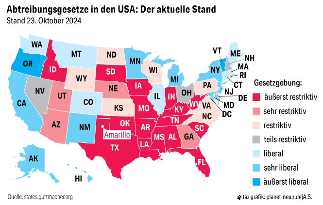 Aktuelle Grafik zum Stand der unterschiedlichen Abtreibungsgesetze in den 50 US-Bundesstaaten