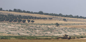 Panzer vor Hügel mit Gestrüpp