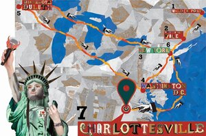 Illustration einer Landkarte der USA, im Vordergrund die Freiheitsstatue und der Ort Charlottesville ist benannt und gekennzeichnet