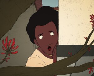 In einem Animationsfilm schaut eine junge Frau staunend aus dem Bild