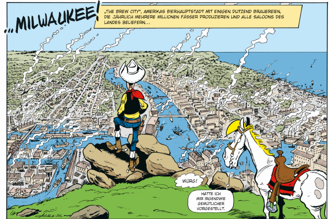 Lucky Luke steht auf einem Berg und schaut auf "The Brew City"