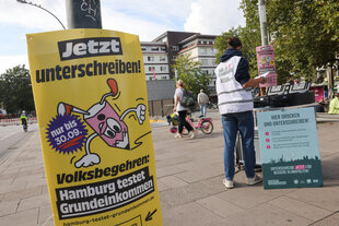 Plakate für die Volksinitiativen "Hamburg testet Grundeinkommen" und "Zukunftsentscheid" an einem Gehweg