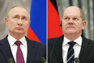 Russlands Präsident Wladimir Putin und Bundeskanzler Olaf Scholz (SPD, r) - eine Montage