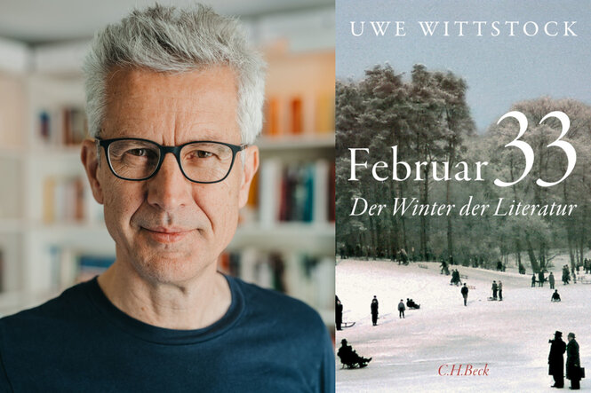 Eine Fotomontage zeigt links ein Porträt des Autors Uwe Wittstock und rechts das Cover seines Buches „Februar 33“