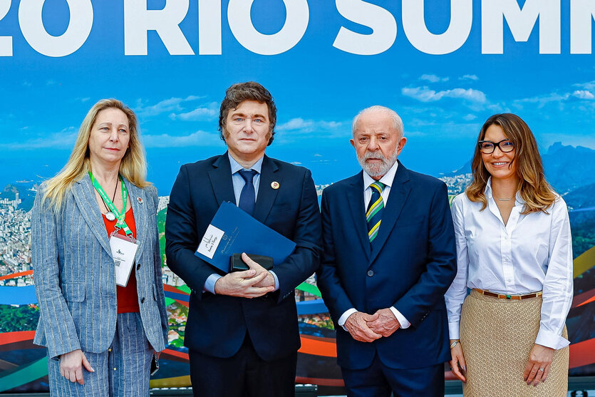 Brasiliens Präsident Luiz Inacio Lula da Silva, Argentiniens Präsident Javier Milei, Karina Milei Rosângela da Silva