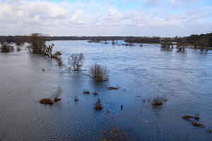 Polderflächen stehen an der Elbe unter Wasser.