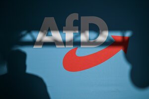 Ein Redner wirft einen Schatten auf die Bühnenrückwand mit AfD-Schriftzug auf einer Veranstaltung