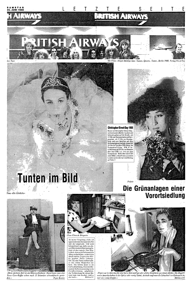 Eine Zeitungsseite der taz vom 25. Juni 1988 zeigt mehrere Porträts prominenter Damenimitatoren jener Zeit, fotografiert von Jürgen Baldiga.