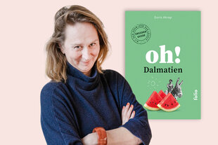Das Bild zeigt eine Collage von der Autorin Doris Akrap und ihrem Buch.