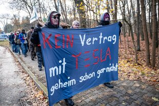 Menschen nehmen am Waldspaziergang des Bündnis «Tesla den Hahn abdrehen» gegen die Räumung des Tesla-Protestcamps teil.