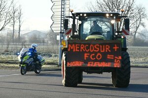 Ein Traktor und ein Polizeimotorrad stehen neben einander auf einer Straße