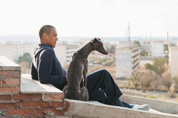 Ein Mann und ein Hund sitzen nebeneinander auf einer Treppe