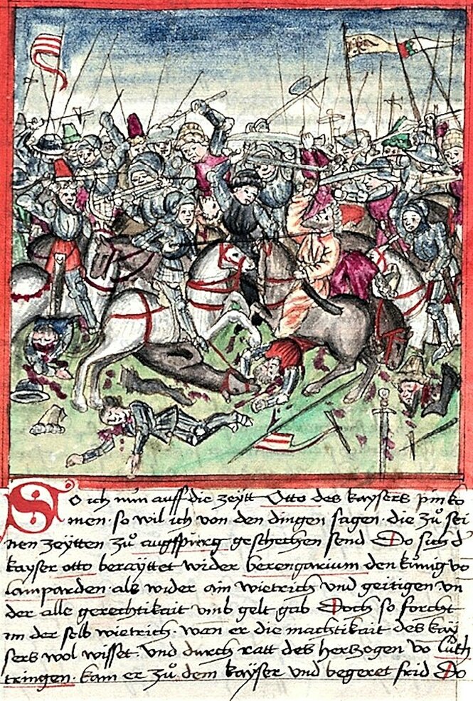 Seite einer illustrierten Handschrift von 1457, die von der Schlacht auf dem Lechfeld handelt und sie drastisch ausmalt