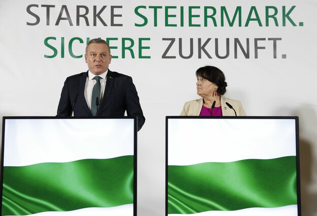 Ein Mann und eine Frau am Rednerpult. Hinter ihnen steht: Starke Steiermark, sichere Zukunft