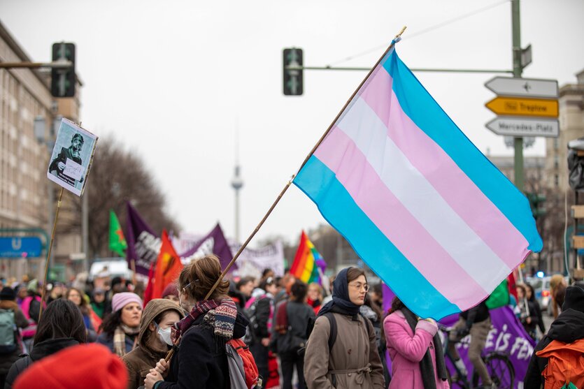 Trans-Flagge auf einer Demo