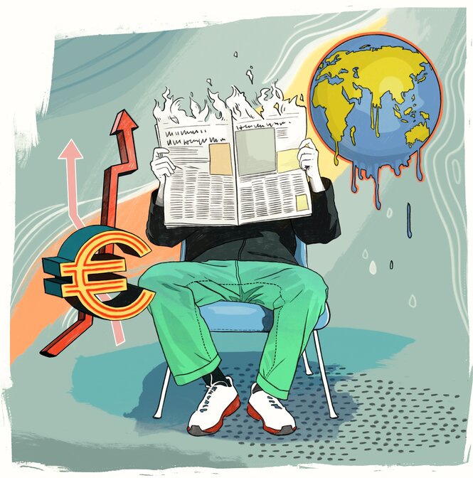 Illustration: ein Mensch hinter einer brennenden Zeitung, ein globus zerläuft, Euro schnellen nach oben