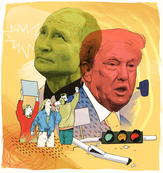 Illustration: die Gesichter von Trump und Putin schweben über einer Gruppe junger Demonstriender mit megafon, eine kaputte Ampel liegt am Boden