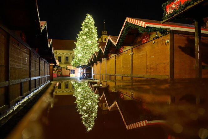 beleuchteter Weihnachtsbaum spiegelt sich imn den Pfützen des geschlossenen Weihnachtsmarktes