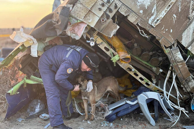 Eine Einsatzkraft mit Hund steht vor einem kaputten Flugzeug