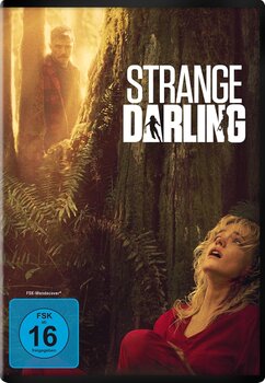 DVD-Cover von„Strange Darling“ mit einer blonden Frau in rotem Kleid darauf