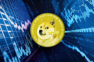 DOGE Meme Münze auf fiktivem Kryptowährung-Trading-Chart in blauer Farbe