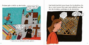 Zwei Seiten aus einem Comic, darauf geht eine Frau in eine Kirche und setzt sich in einen Beichtstuhl