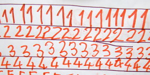 Krakelig geschriebene Zahlenreihen von 1 bis 4