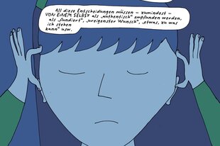 Eine Seite aus dem aktuellen Comic von Liv Strömquist, darauf ist ein Frauenkopf zu sehen, oben beim Haaransatz sind diverse Texte