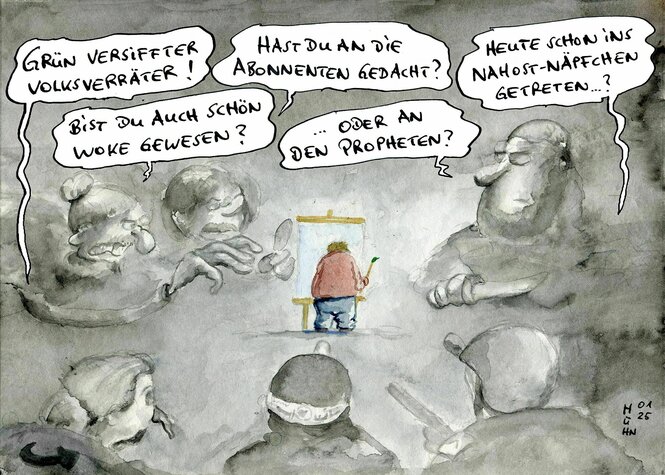 Lavierter und bunter Cartoon: Auf einen Cartoonisten sprechen alptraumartig viele Stimmen ein, was er alles bedenken sollte, außerdem wird er beschimpft