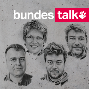 Gesichter der vier Podcastteilnehmer: Bernd Pickert (Moderator), Sabine am Orde und Gareth Joswig (beide aus dem Parlamentsbüro) sowie Florian Bayer (Österreich-Korrespondent)