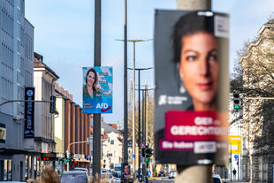 Wahlplakate von den Parteien BSW und AfD zur Bundestagswahl sind in der Innenstadt an Laternen angebracht.