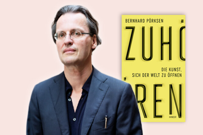 Das Bild zeigt eine Collage des Autors Bernhard Pörksen mit seinem Buch "Zuhören". Das Cover hat einen gelben Hintergrund darauf liegt in größen Buchstaben "Zuhören".