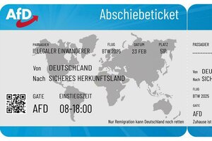 Die Imitation eines Flugtickets mit dem Logo der AFD