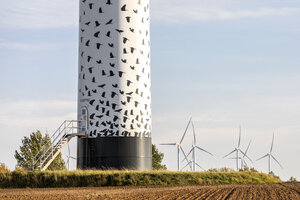 Eine Windanlage in einem Windpark, sie ist mit einem Muster aus den Silhouetten fliegender Vögel gestaltet