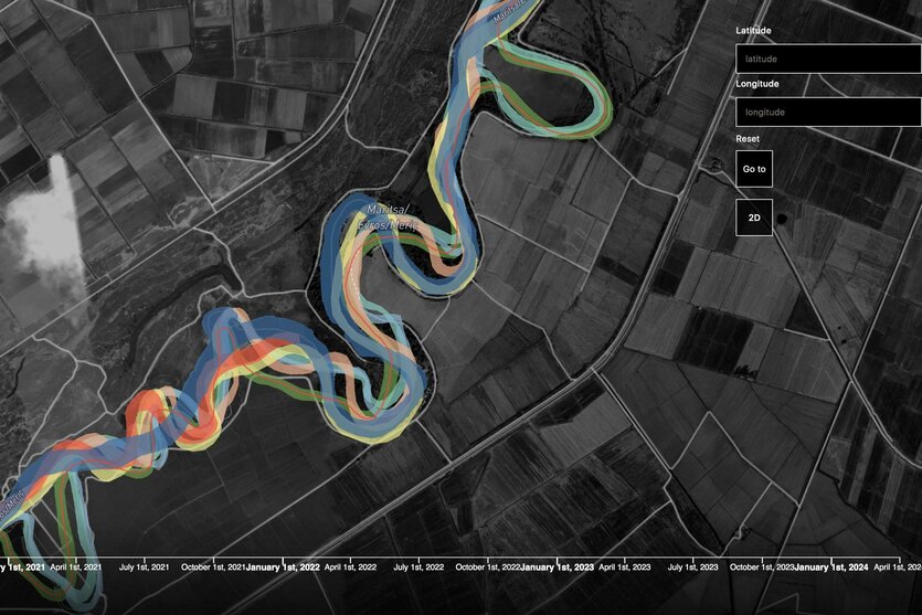 Eine Landkarte, auf der unterschiedliche Verläufe des Flusses Evros zu sehen sind