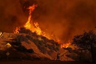 Ein Feuerwehrmann bekämpft das Palisades-Feuer im Mandeville Canyon in den USA