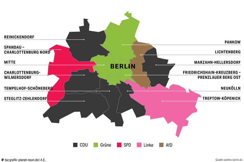 Karte mit Berliner Wahlbezirken und den taz-Prognosen, wer wo gewinnen könnte