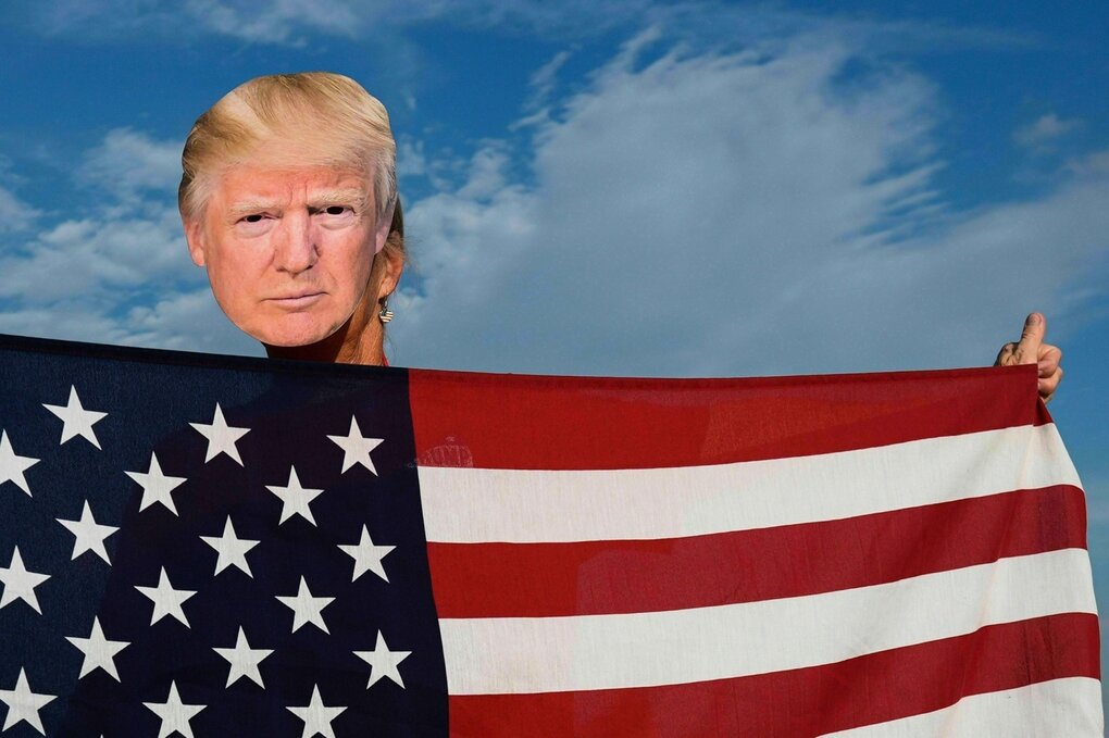 Donald Trump Pappschild vor USA Flagge