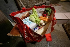 In einer großen Einkaufstüte liegt noch genießbares Gemüse: Karotten, Spitzkohl, Radieschen, Tomaten