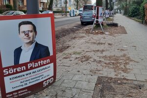 Mehrere Wahlplakate stehen an einer Straße entlang