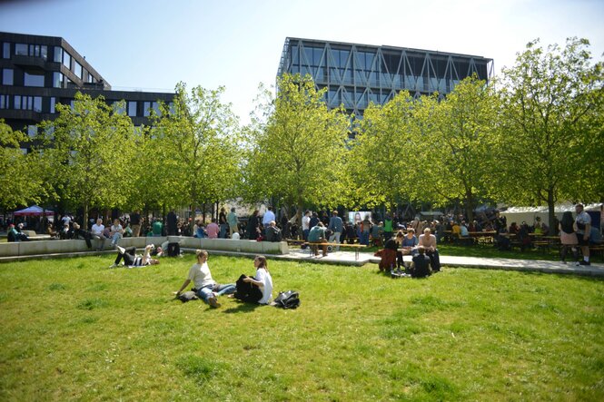 Das Bild zeigt Menschen auf einer Wiese. Einige sitzen im Gras, andere auf Bänken. Im Hintergrund befindet sich das taz-Gebäude und eine Leinwand auf der das taz lab gestreamt wird.