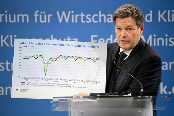 Robert Habeck (Bündnis 90/Die Grünen), Bundesminister für Wirtschaft und Klimaschutz, zeigt eine Erklärgrafik