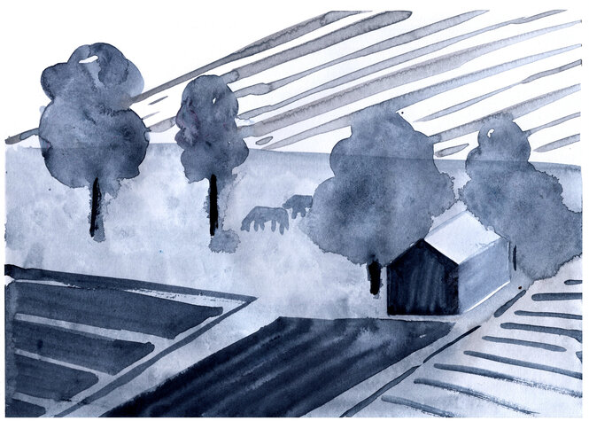 Illustration: zwei Tiere grasen auf einer Weidefläche, ein kleines Haus steht zwischen Bäumen, Felder mit Linien