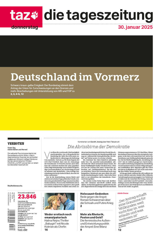 Die taz-Titelseite vom 30. Januar 2025 zeigt den Titel "Deutschland im Vormerz" auf einer schwarz-braun-gelben Flagge